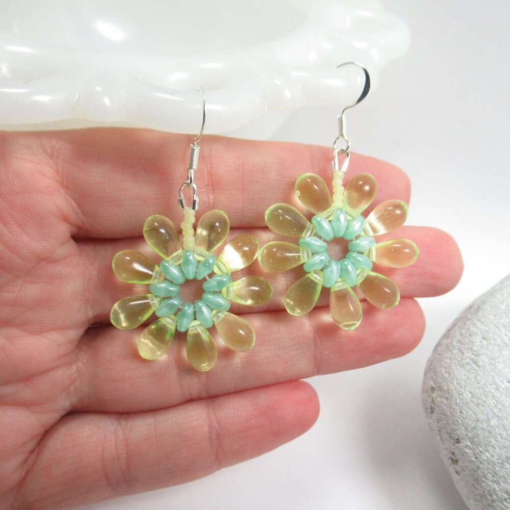 Handwoven Uranium Glass drop flower Statement earrings - Picture 8 of 10